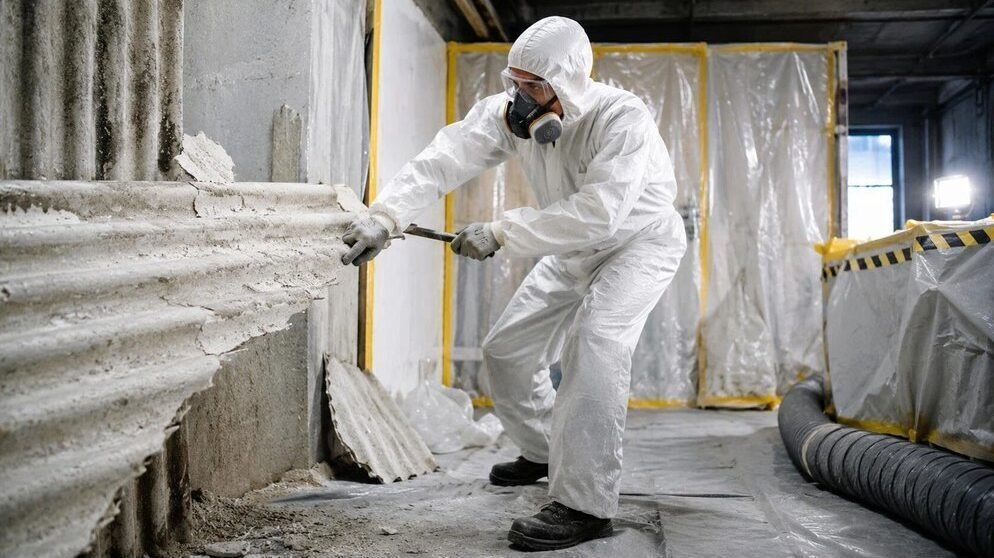 Abatement Overalls - Poltex International Inc Worker wearing a hooded disposable coverall during an asbestos removal project