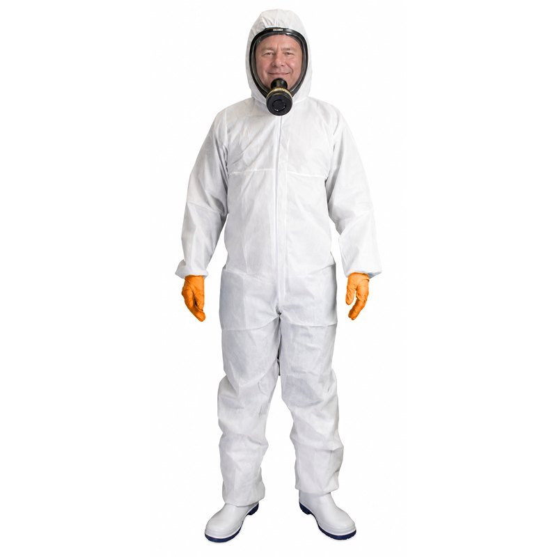 Disposable painters coveralls - white SMS hooded coverall with elastic cuffs worn with gloves, boots and respirator